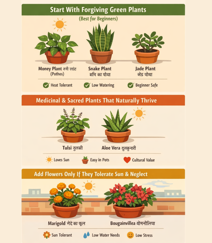 Most first-time gardeners fail here. They choose plants that look great online but cannot survive real Indian heat, sun, or missed watering.